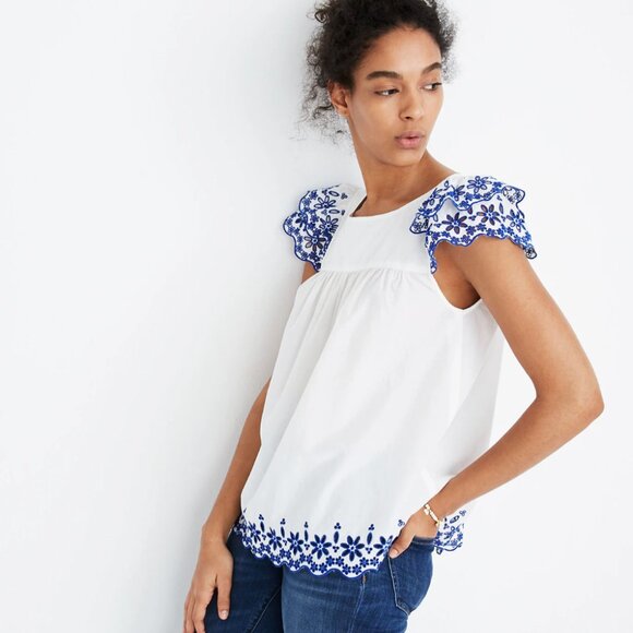 NWT MADEWELL sz 0 White Blue Embroidered Story Peasant Blouse Top retail $88 - Picture 11 of 14